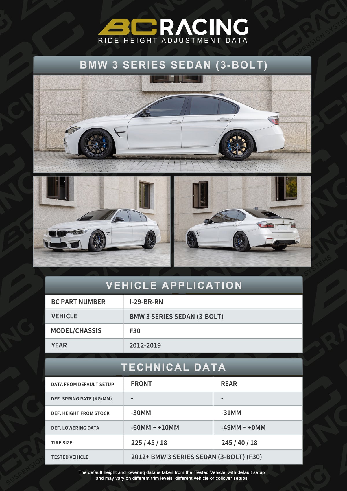 BC Racing BR RN Coilovers for BMW 3 Series F30 RWD 3-Bolt Top Mount