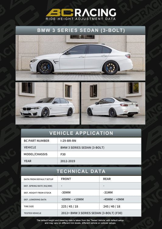 BC Racing BR RN Coilovers for BMW 3 Series F30 RWD 3-Bolt Top Mount